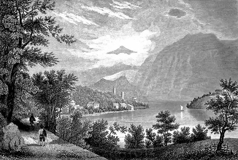 Lago di Como, Lake Como on the southern edge of the Alps, idyllic mountain landscape, hikers on the lakeshore, towers, houses, sailing boat, steep slope, lush vegetation, tourist attraction, Lombardy, Italy, historical illustration 1877