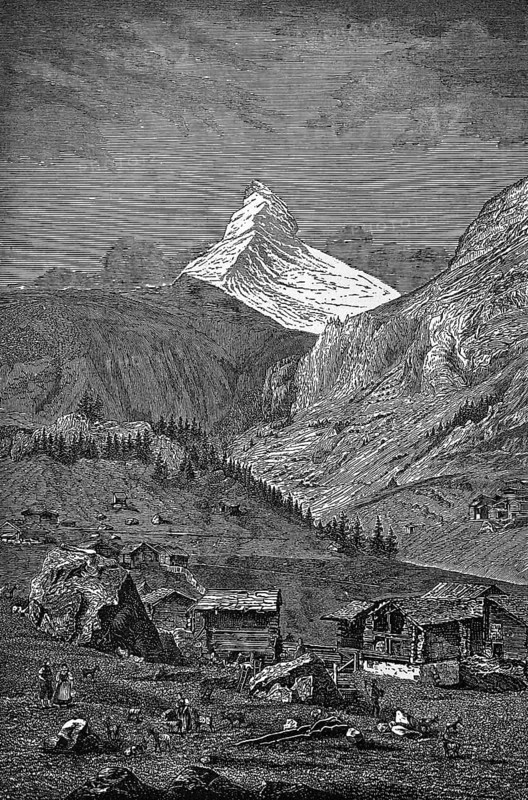 The famous Matterhorn, snow, alpine pasture, meadow with wooden huts, rocks, farmers, tourist attraction, Swiss Alps, Switzerland, historical illustration 1877