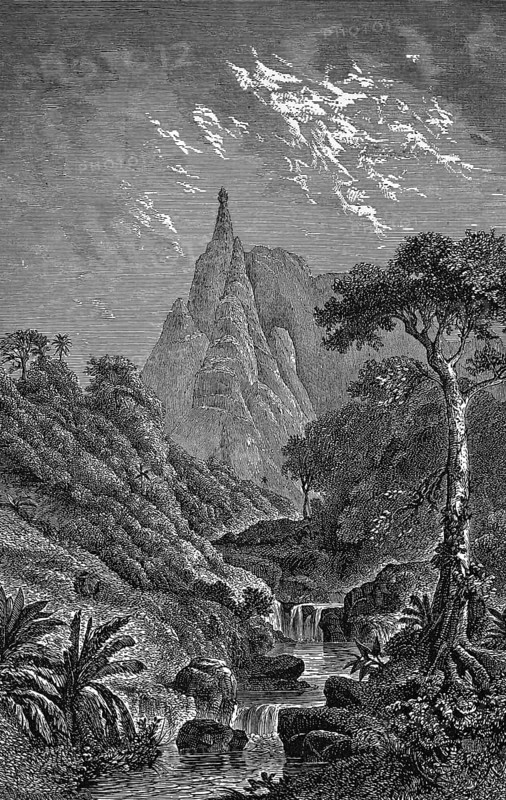 Mount Pieter Both with pointed peak (820m), idyllic lonely landscape with waterfalls, dense subtropical vegetation, scenic sight, island in the Indian Ocean, Pamplemousses district, Mauritius, historical illustration 1877