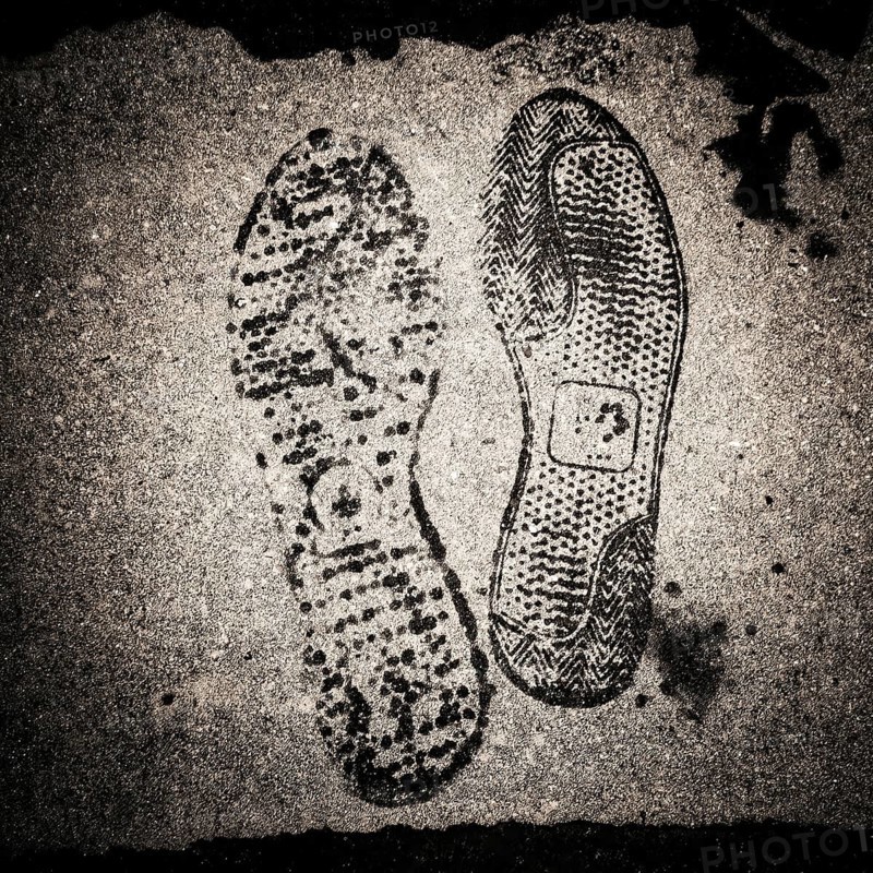 Uniquely patterned shoe prints are visible on a wet concrete surface, showcasing the intricate designs of the soles. The moisture enhances the details of the impressions