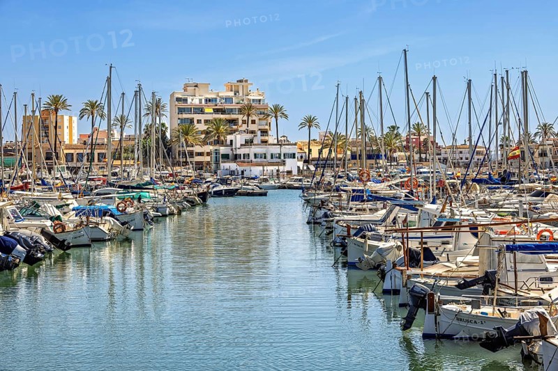 Marina with pleasure boats at a tourist resort with houses by the sea a sunny summer day, Palma de Mallorca, Mallorca, Spain