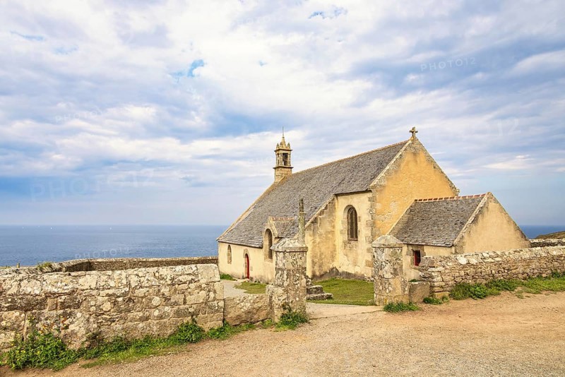 Old Chapelle Saint-They at Pointe du van by the sea at the coast, Crozon peninsula, Bretagne, France