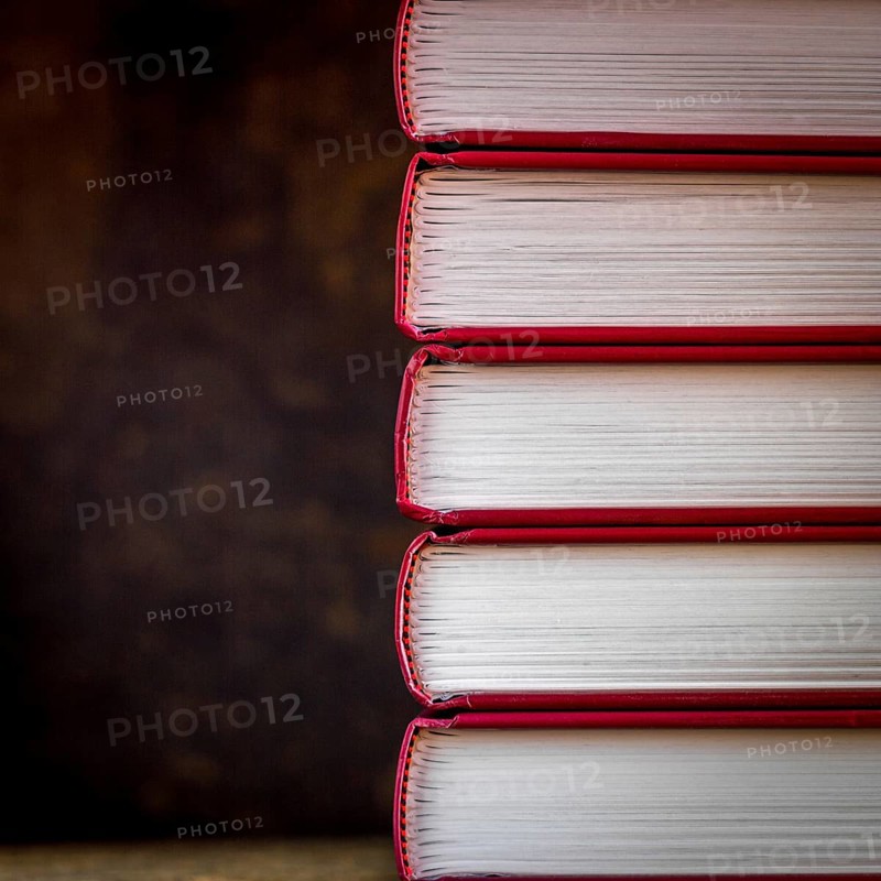Books are stacked vertically, showcasing their red spines and crisp white pages against a deep brown backdrop, creating a cozy and inviting atmosphere for reading