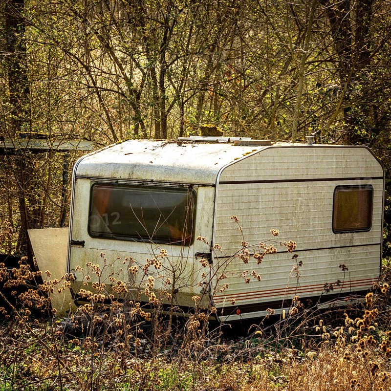 A weathered caravan stands abandoned in a quiet field, partially hidden by tall grass and wild plants. The surrounding trees create a sense of isolation and neglect