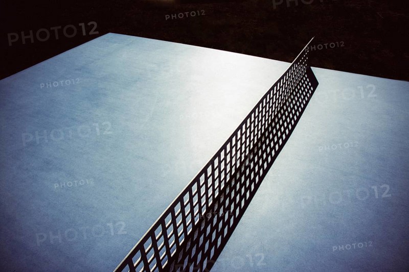 A close-up perspective of a ping pong table shows its smooth, reflective surface and a net positioned between two halves. The ambiance suggests a casual recreational space during daylight