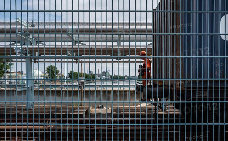 Lattice fence on the factory bridge over the River Main in Kelsterbach, Hesse, Germany