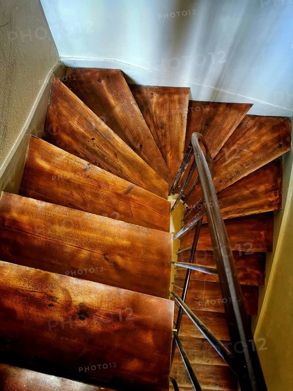 A wooden spiral staircase descends into a bright lower level, showcasing rich grain patterns and a sleek metal railing. The elegant design enhances the home's interior
