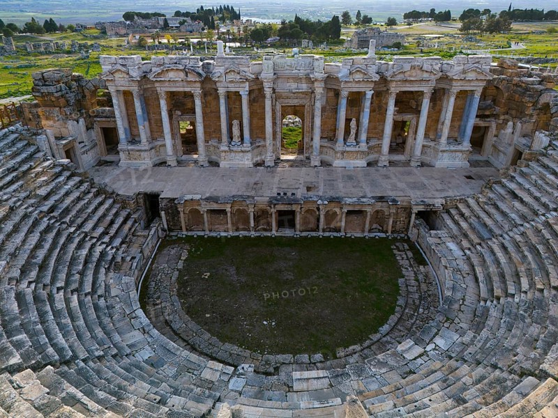 A well-preserved ancient theatre with stone tiers and an impressive façade, amphitheatre, aerial view, Hierapolis, Pamukkale, Denizli, Anatolia, Turkey