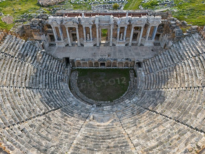 View of an ancient theatre with majestic ruins and surrounding green areas, amphitheatre, aerial view, Hierapolis, Pamukkale, Denizli, Anatolia, Turkey