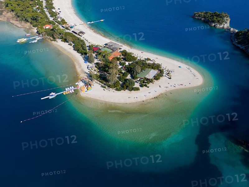 Aerial view of a narrow island with a sandy beach, surrounded by turquoise blue sea and wooded areas, Fethiye, Mugla, Mugla, Aegean Sea, Turkey
