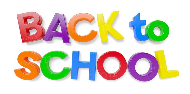 Plastic magnetic letters spelling the phrase back to school with drop shadow isolated on a white background