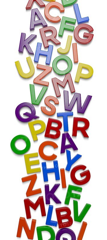 Vertical plastic magnetic letters with drop shadow randomly scattered on surface with drop shadow isolated on a white background