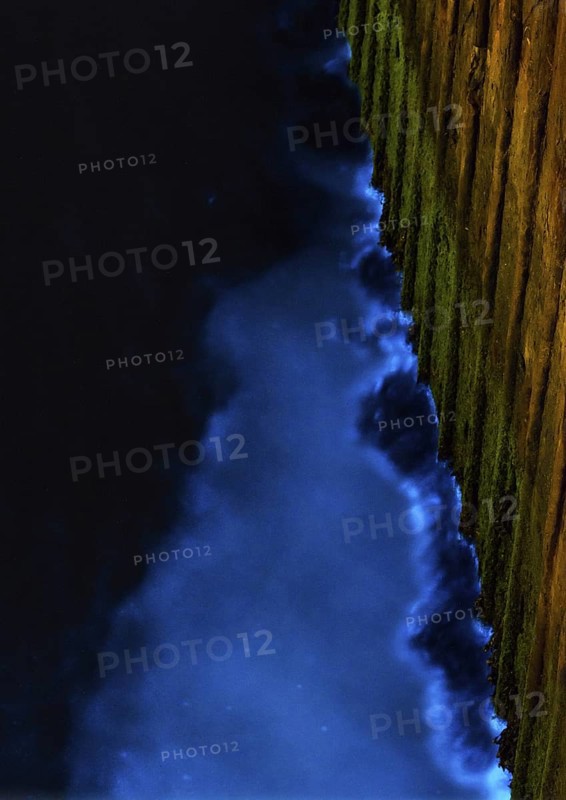 Blue glowing waves on sheet pile wall at night, dramatic, harbour of the island dune, sea glow, caused by microorganisms, marine luminescence (Noctiluca scintillans, Noctiluca miliaris), dinoflagellate, Noctilucaceae, light phenomenon, sea, bioluminescence, phenomenon, mystical, natural spectacle, mysterious, algae, algae, night, night shot, summer, long exposure, experience, nature experience, natural phenomenon, fascinating, island dune, Hegoland, Schleswig-Holstein, North Sea, Germany