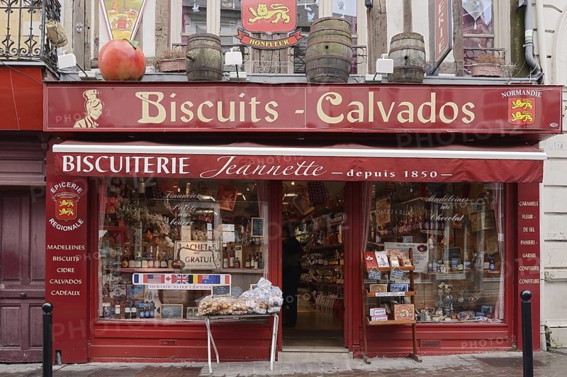 Shop window of a biscuit and Calvados shop, Honfleur, Cote Fleurie, Pays d'Auge, Département Calvados, Normandy, France