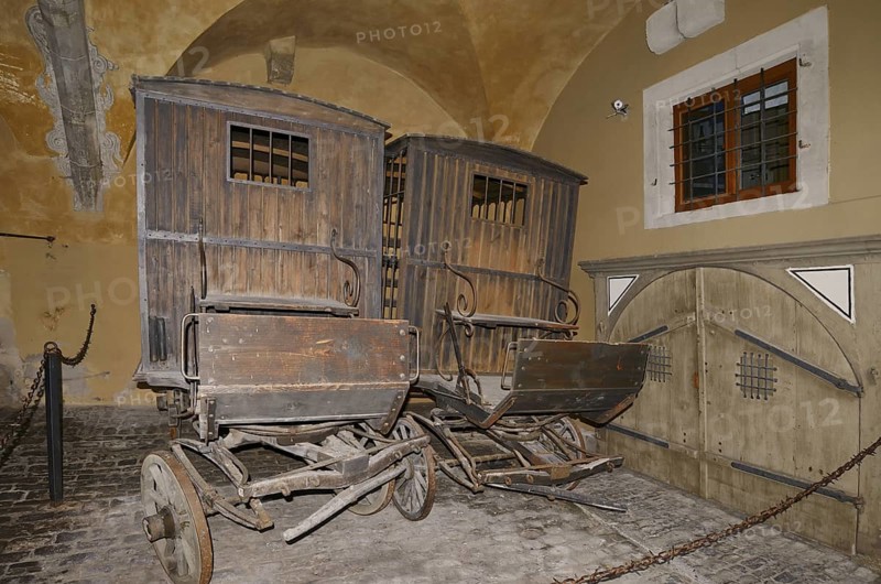Old prison carriages, Medieval Crime Museum, Rothenburg ob der Tauber, Middle Franconia, Bavaria, Germany