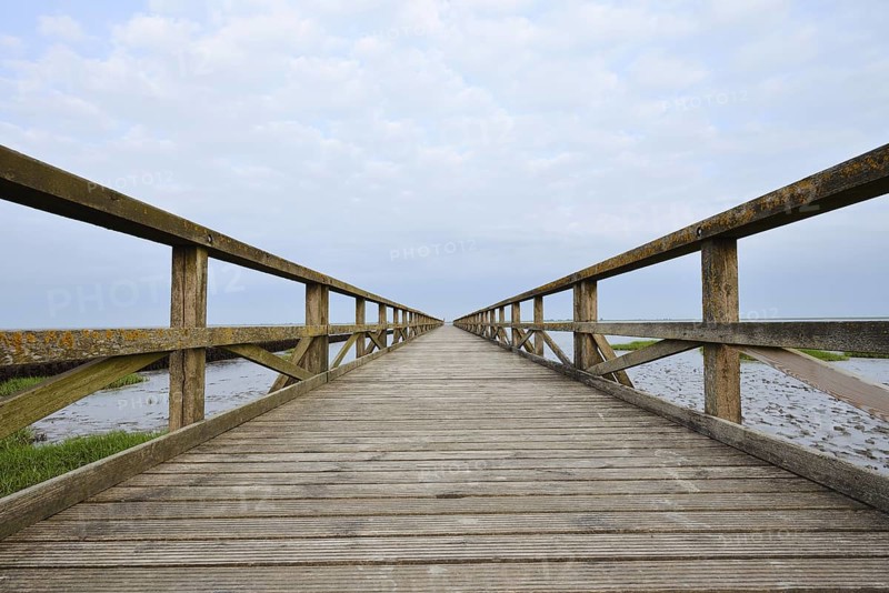 Wooden walkway in the Wadden Sea, Wadden Sea National Park, North Frisia, Schleswig-Holstein, Germany