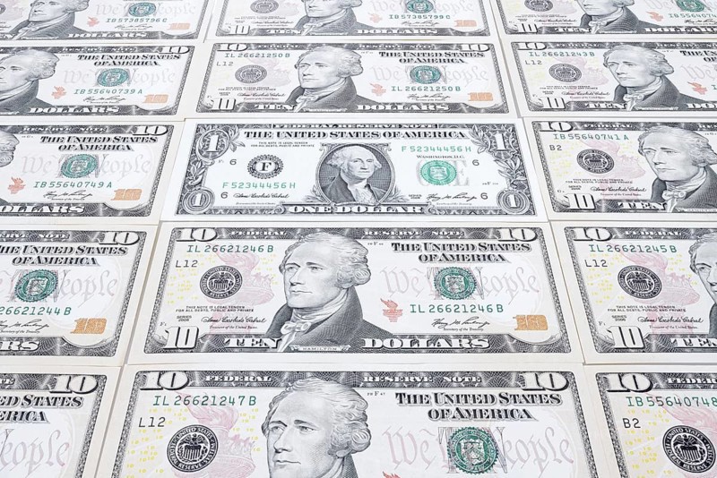 US dollar notes, 10 dollars, 1 dollar, banknotes