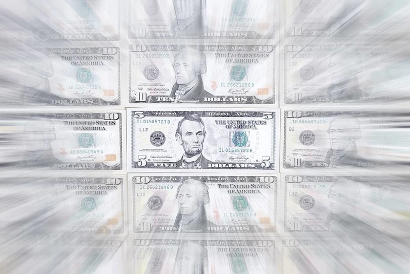 US dollar notes, 10 dollars, 5 dollars, banknotes, zoom effect