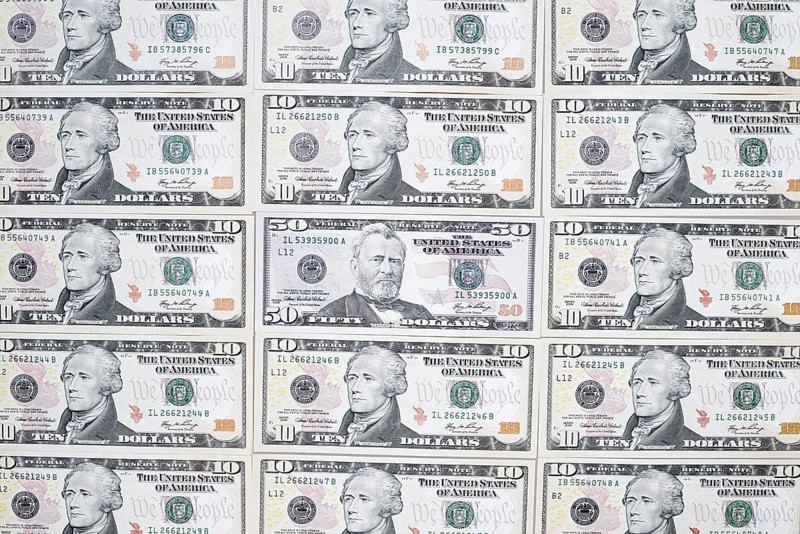 US dollar notes, 10 dollars, 50 dollars, banknotes