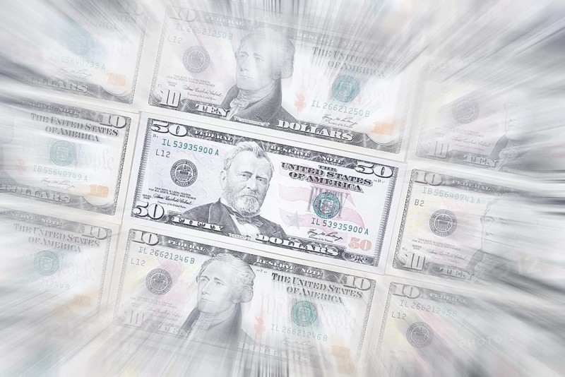 US dollar notes, 10 dollars, 50 dollars, banknotes, zoom effect