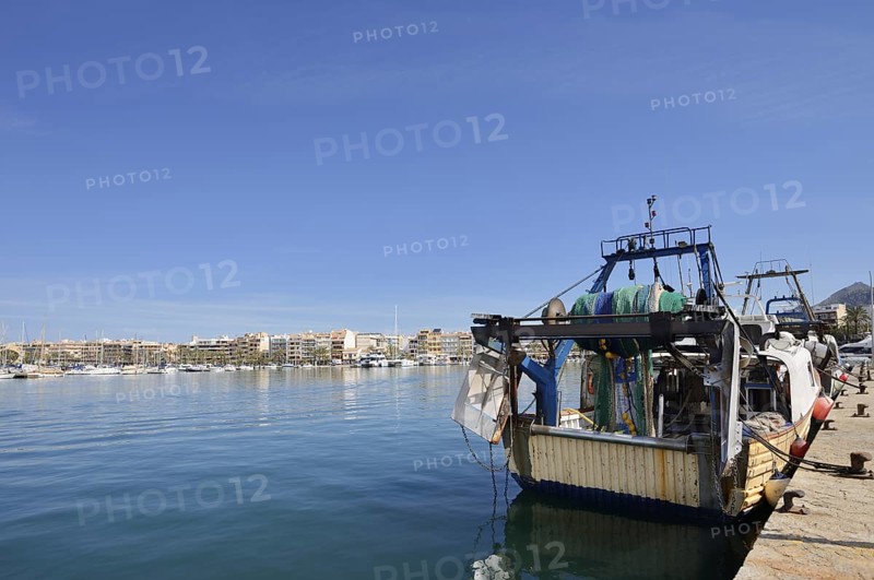 Fishing boat in the harbour, Port d'Alcudia, Majorca, Balearic Islands, Spain