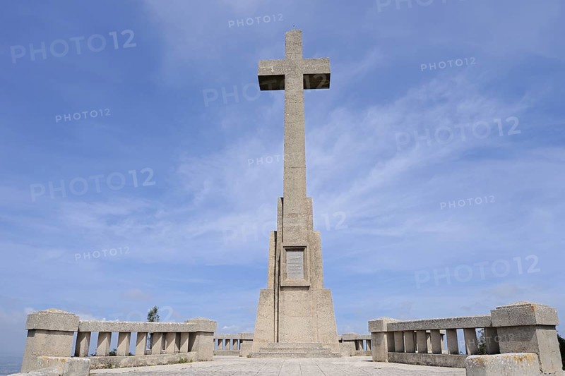 Stone cross at the Santuari de Sant Salvador monastery, Puig de Sant Salvador near Felanitx, Majorca, Balearic Islands, Spain