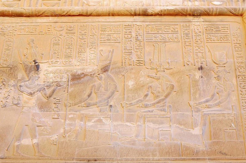 Relief of the crocodile god Sobek and the falcon-headed god of light and sky Haroeris, double temple of Kom Ombo, Kom Ombo, Egypt