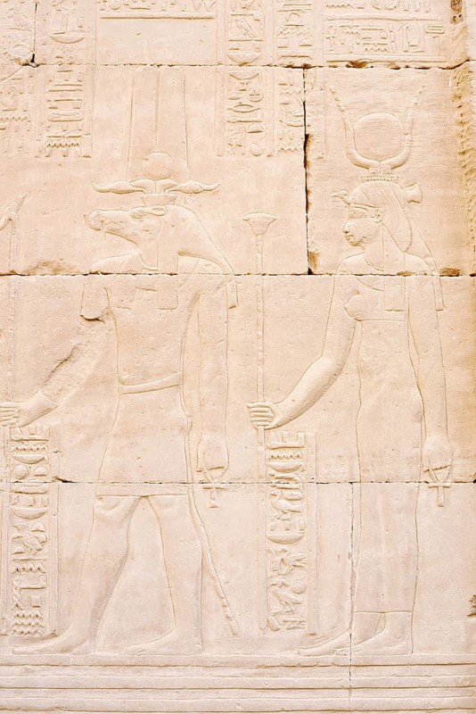 Relief of the crocodile god Sobek and the goddess Isis, double temple of Kom Ombo, Kom Ombo, Egypt