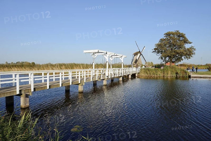 Historic windmill and drawbridge, UNESCO World Heritage Site, Kinderdijk, South Holland, Netherlands