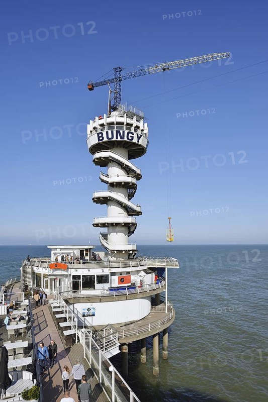 Bungy jumping tower at the pier, Scheveningen, The Hague, Dutch North Sea coast, South Holland, Netherlands