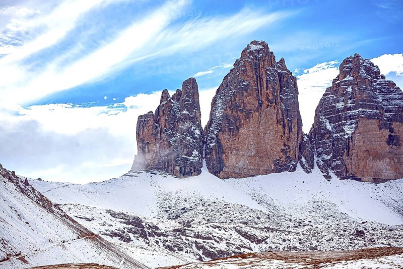 The Three Peaks in the Sesto Dolomites on the border between the provinces of Belluno in the south and South Tyrol, Italy