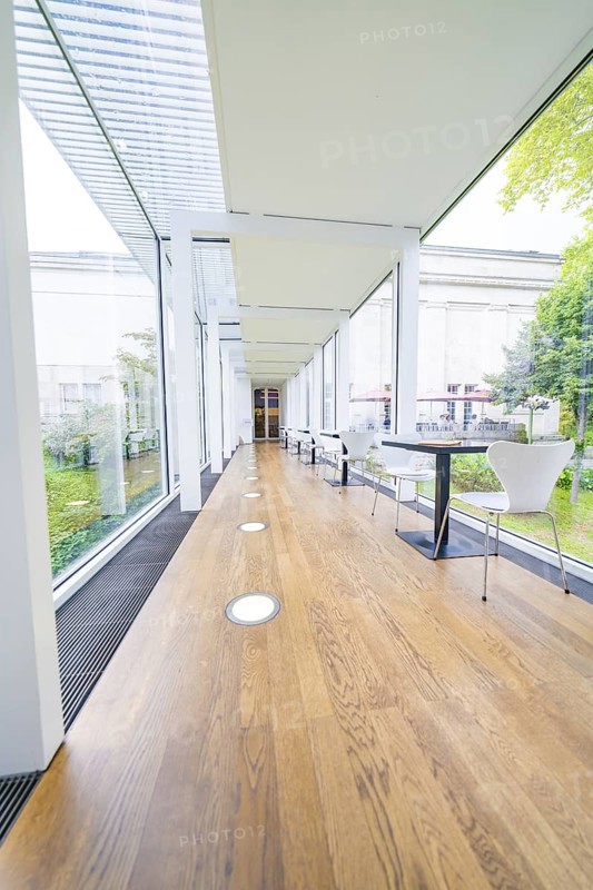 Empty area in a modern café with glass walls and wooden floor, Frieder Burda Museum, Baden Baden, Germany