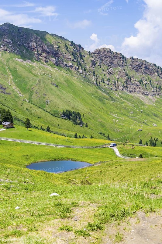 Small lake in a green, hilly landscape under a blue sky, Alpe di Siusi, Dolomites, South Tyrol, Italy