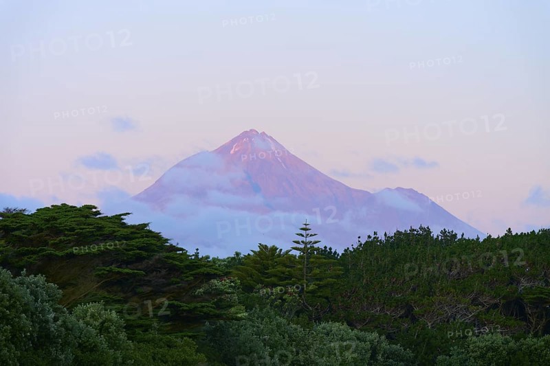 Volcano Mount Taranaki at dusk with clouds and surrounding vegetation, summer, Opunake, Taranaki, North Island, New Zealand