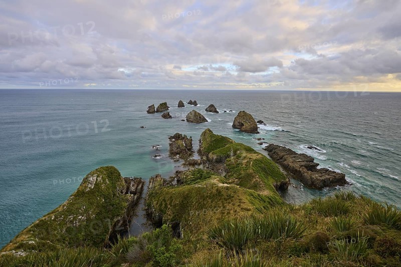 View of a rocky coastal landscape with dramatic cloudy sky, summer, Nugget Point lighthouse, Ahuriri Flat, Otago, South Island, New Zealand