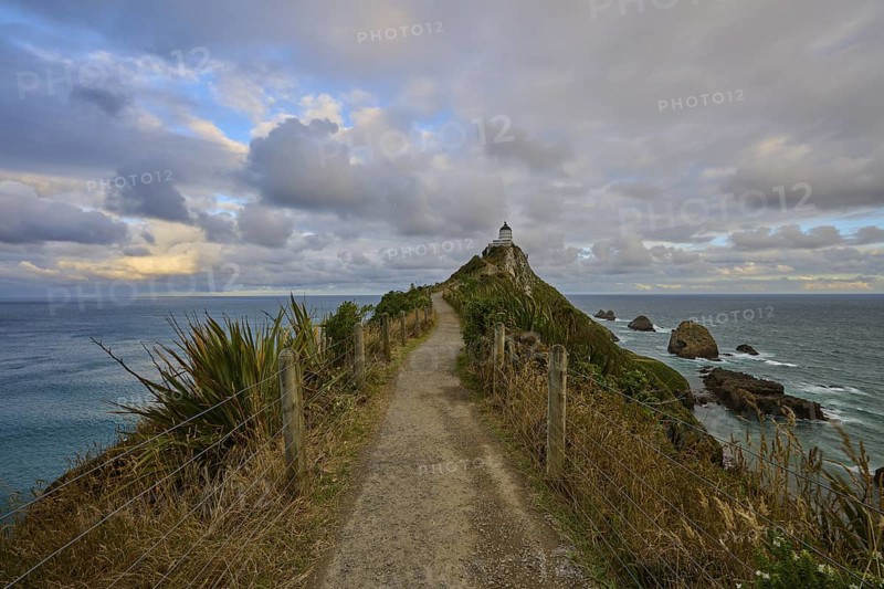A path on a cliff leads to a lighthouse under a dramatic sky, summer, Nugget Point Lighthouse, Ahuriri Flat, Otago, South Island, New Zealand
