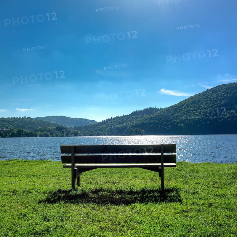 A solitary bench sits on lush green grass by a calm lake in Auvergne, France. The sun shines brightly above, creating a peaceful and reflective atmosphere. Puy de Dome. Auvergne Rhone Alpes. France
