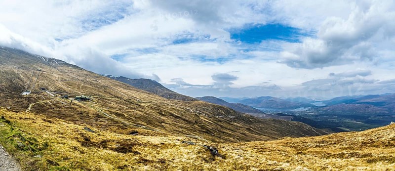 Panorama View from Nevis Range Mountains, Grampian Mountains, Fort William, Highland, Lochaber, Scotland, UK