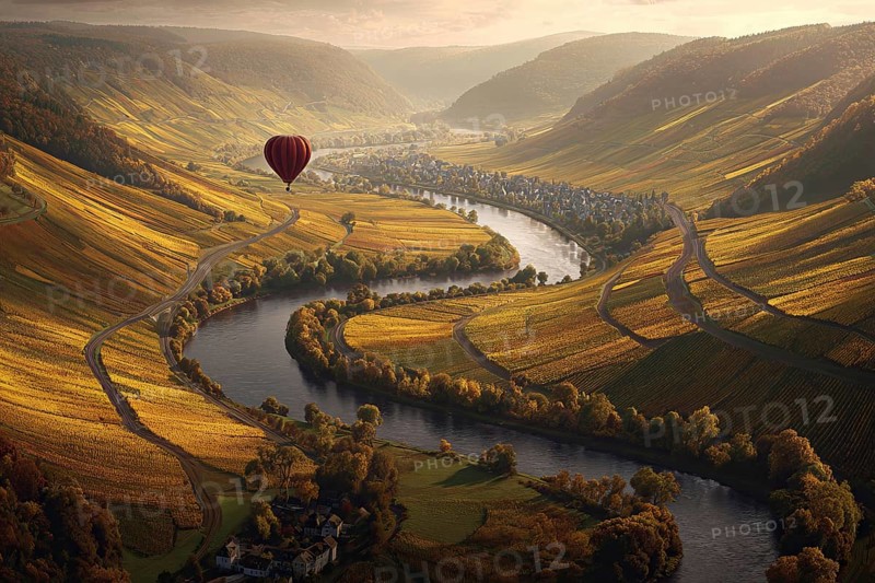 Hot air balloon, over a golden Moselle bend on a sunny autumn day, colourful vineyards along the course of the river, wide view into the valley with small villages on the banks, Rhineland-Palatinate, Germany, AI-generated, AI generated
