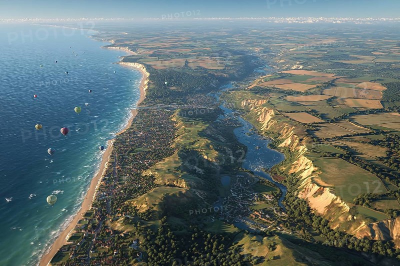 Many hot air balloons over the coast, numerous colourful balloons along a cliff at sunrise, flanked by fields and a river, South England, Great Britain - AI-generated, AI generated