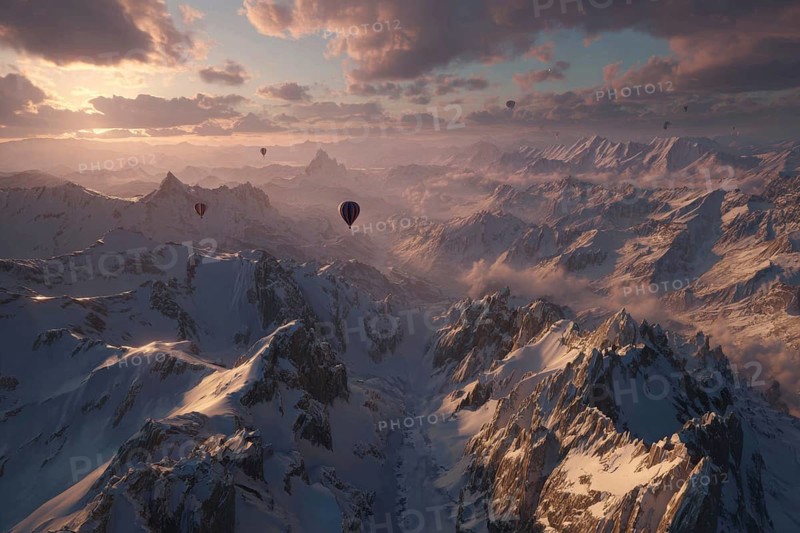 Hot air balloon, with low sun over snow-covered peaks of the Alps, golden light atmosphere, fog in the valleys, wintry mountain landscape with wide view, Italian Alps, Italy, AI-generated, AI generated