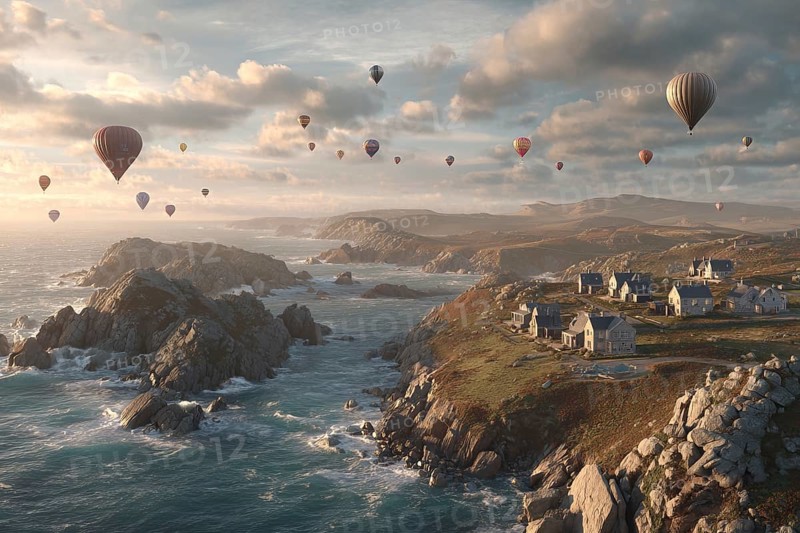 Hot air balloon, in wind and dramatic sky along a rocky cliff coast, churning sea and spray visible, atmospheric scenery, South England, Cornwall, AI-generated, AI generated