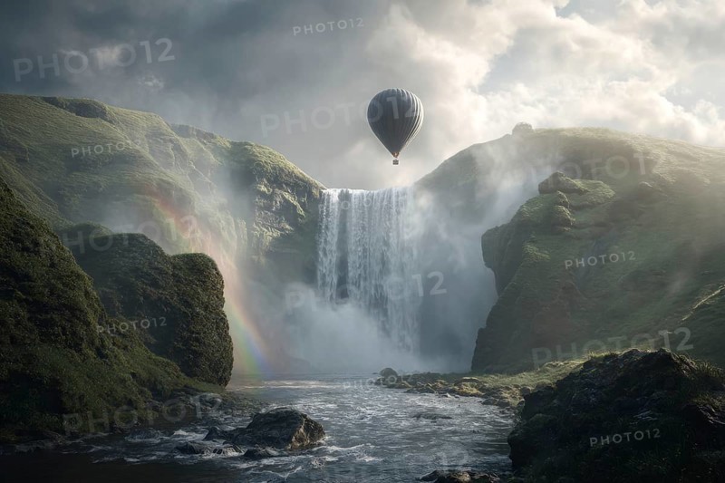 Hot air balloon, at sunrise over a moss-covered waterfall, fine spray rises, rocks and green vegetation in the foreground, cascades fall into several pools, Iceland, AI-generated, AI generated