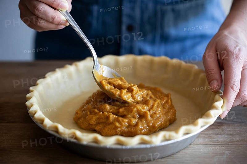 Woman filling homemade pumpkin pie crust with spoon in cozy kitchen scene. Generative AI, AI generated