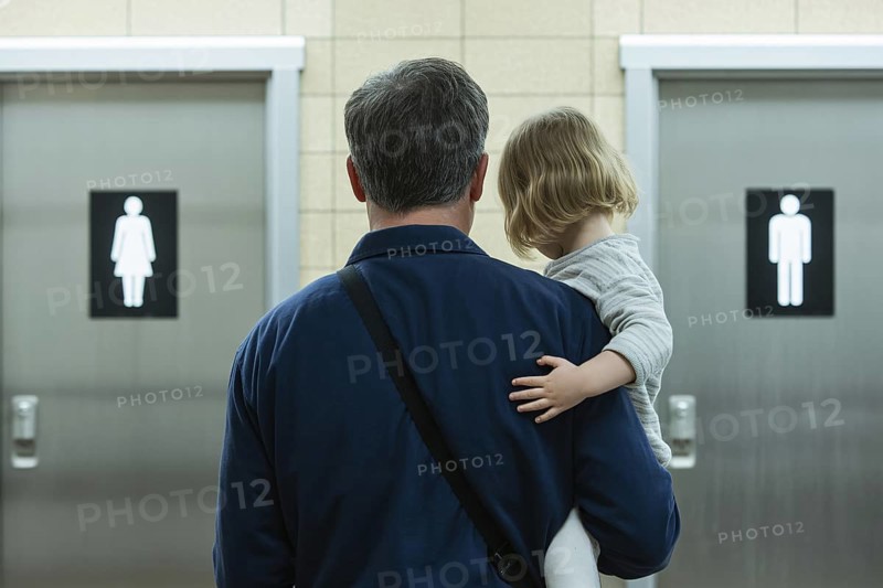 Back view of father with young daughter in front of men's and women's restroom doors. Concept of gendered public toilet challenges for parents. Generative ai, AI generated
