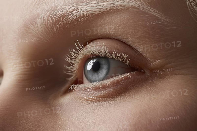 Woman's eye with white eyebrows and eyelashes, highlighting unique beauty of albinism. Generative ai, AI generated