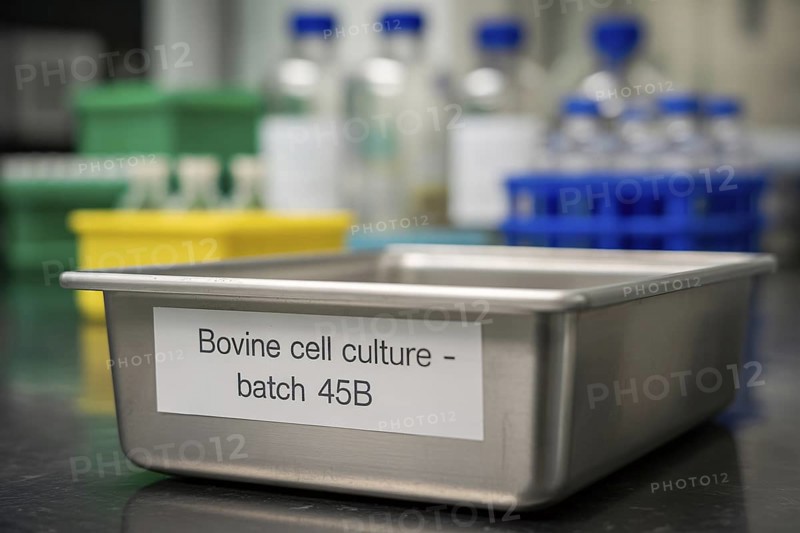 Metal canister labeled Bovine cell culture Batch 45b in laboratory. Concept for lab-grown meat production. Generative ai, AI generated