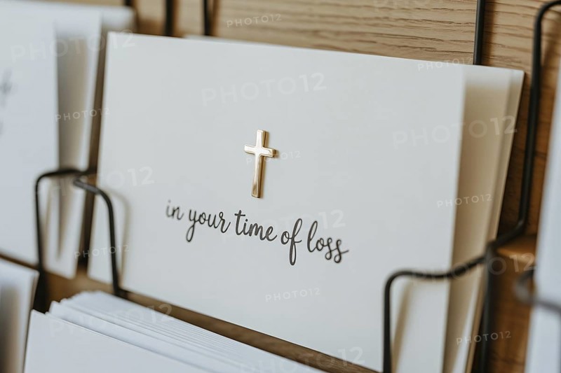 Clos eup of condolence card with In your time of loss text and religious cross displayed in a card rack at a shop. Generative ai, AI generated