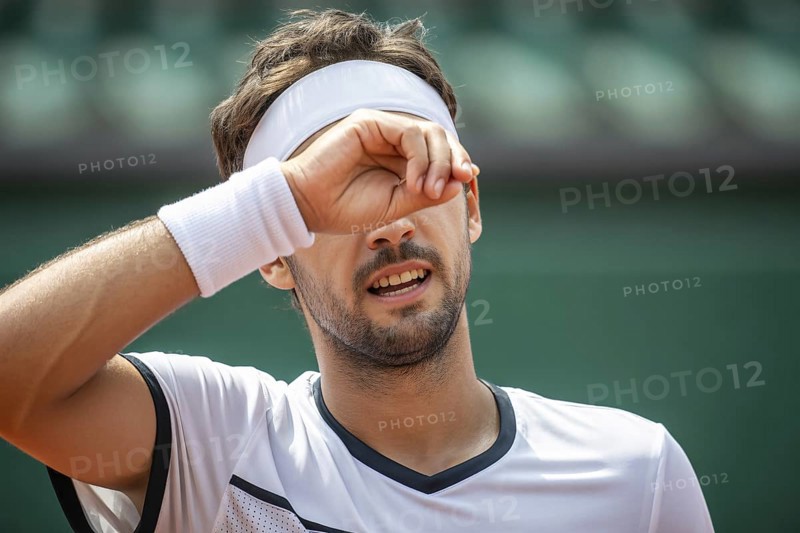 Man in tennis outfit wiping sweat from forehead. Concept for physical effort and athletic determination. Generative ai, AI generated