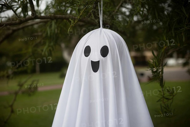 Close up of cute white sheet ghost Halloween decoration hanging from tree. Concept of spooky seasonal tradition. Generative ai, AI generated